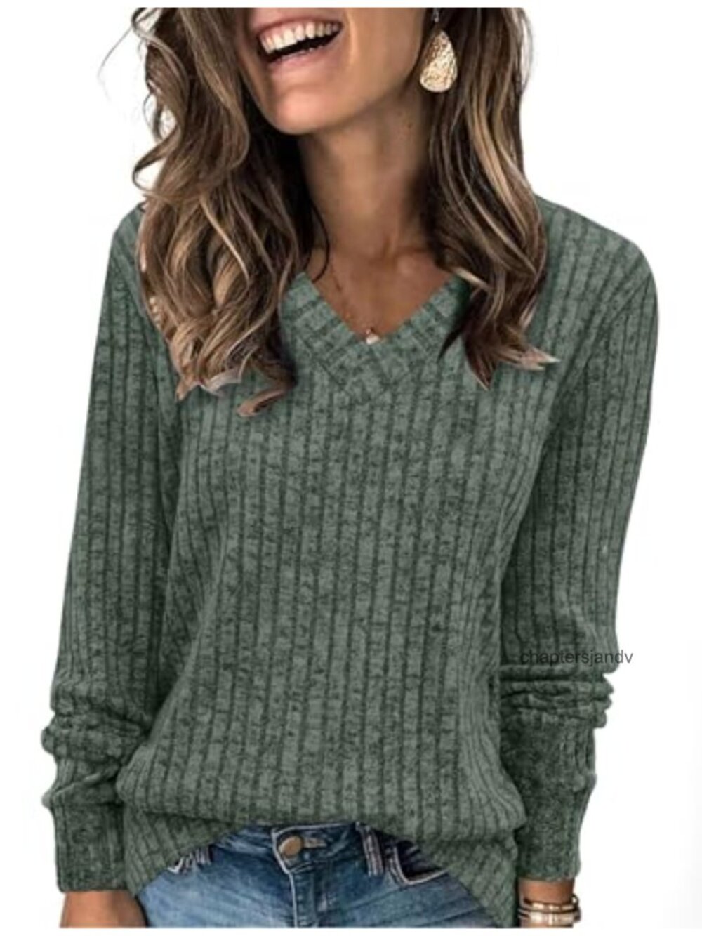 Women's V Neck Long Sleeve Tunic Sweater Loose Fit Lightweight Fall Top